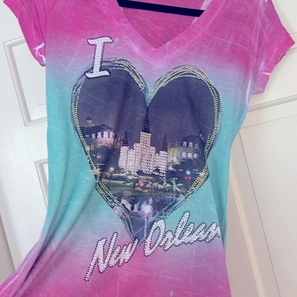 I Heart New Orleans Women's Graphic Rhinestone V Neck Shirt Large Short Sleeve - Picture 1 of 6